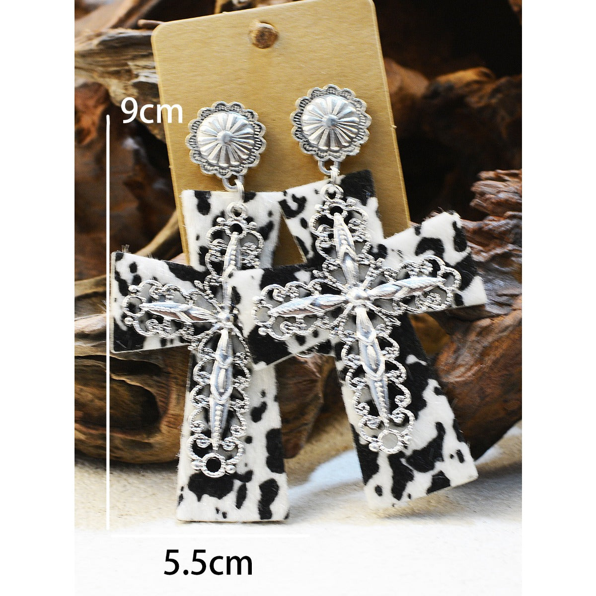 Wholesale of Western Wind Cow Pattern Turquoise Alloy Horseshoe Leopard Pattern Cross Leather Earrings